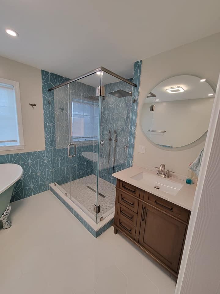Primary bath with clawfoot tub and teal diamond tile, Waltham